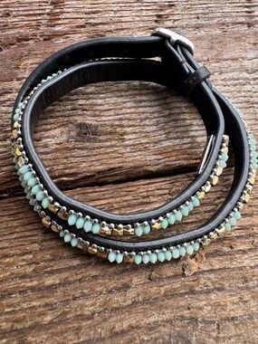 Beaded Black Leather Wrap Bracelet with Mint Beads